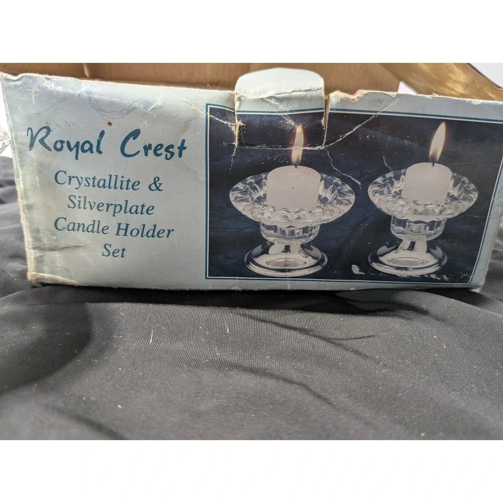 Royal Crest Crystallite & Silverplate Candle Holder Set - New Open-box